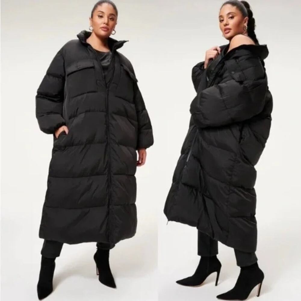 Good American Long Line Women's Black Pocket Full Zip Puffer Coat Jacket Size 3